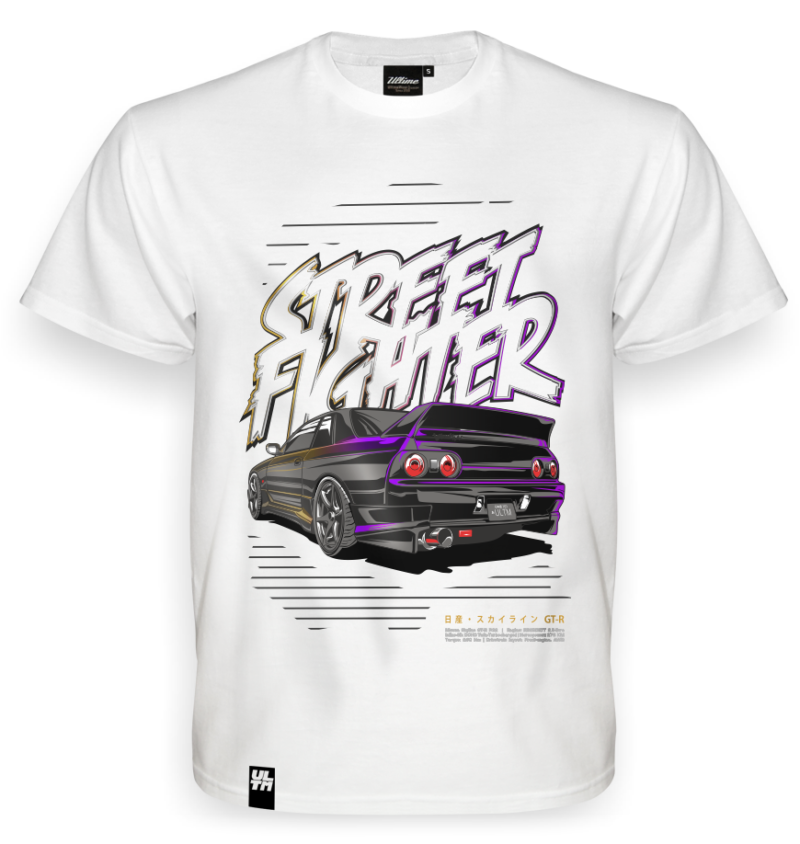 Biały T-shirt z wzorem street fighter nissan skyline r32